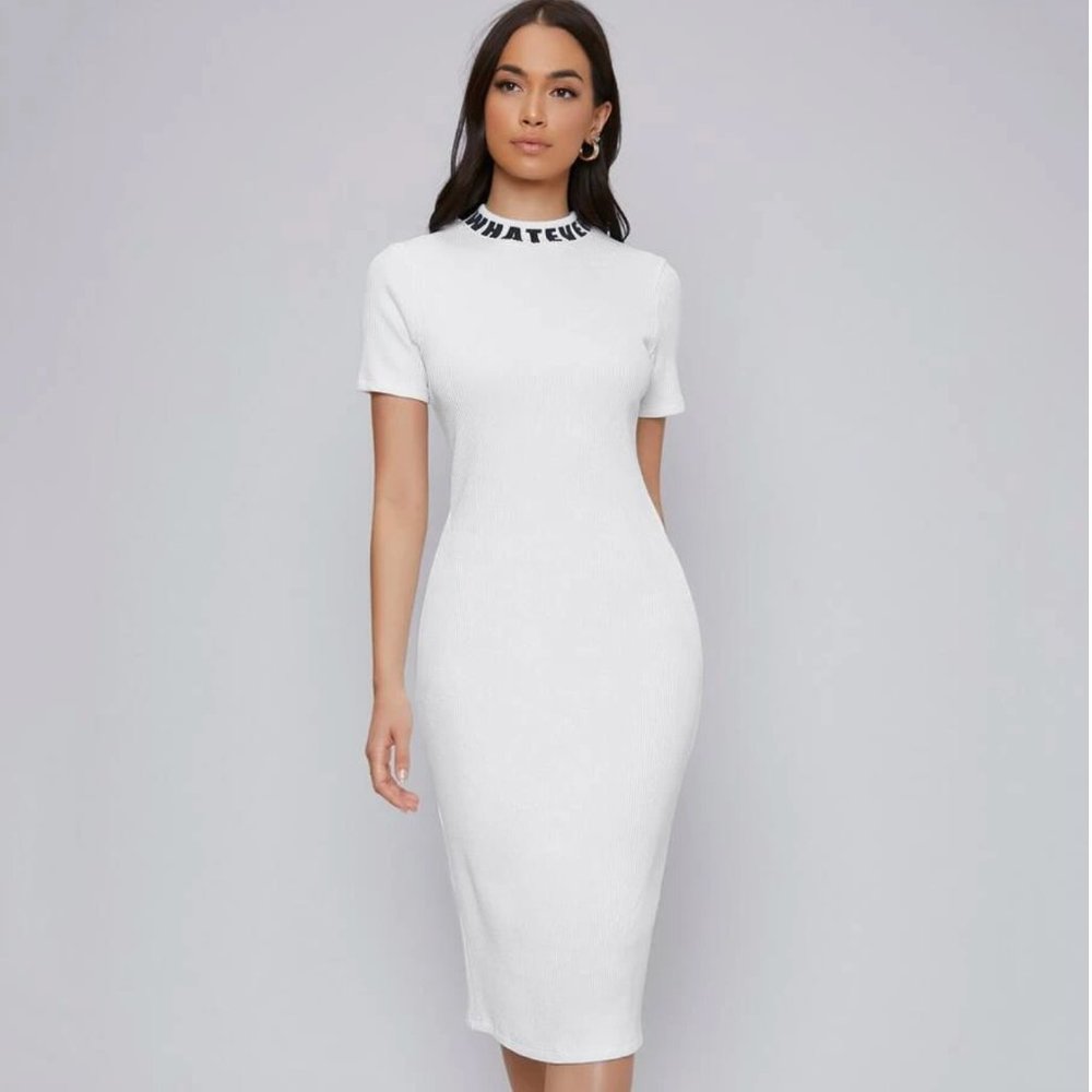 BRAND NEW Letter Print Hem Rib-Knit White Midi Bodycon Dress Size S!